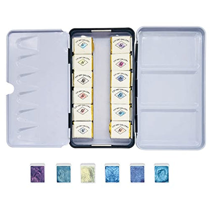 Metallic Watercolor Paints Set Handmade Glitter Shimmering Double Color Water Color Solid Paint Include 12 Colors In Portable Tin Box for Artists