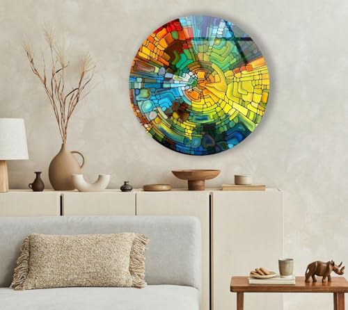 39,4''(100cm) Diameter Stained Yellow Round Glass Wall Art Tempered Glass Printing Wall Decor Large Wall Art Wall Hangings
