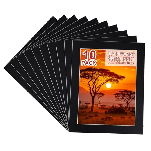 10 Pack Acid Free Black 11x14 Picture Frame Mats for 9x12
