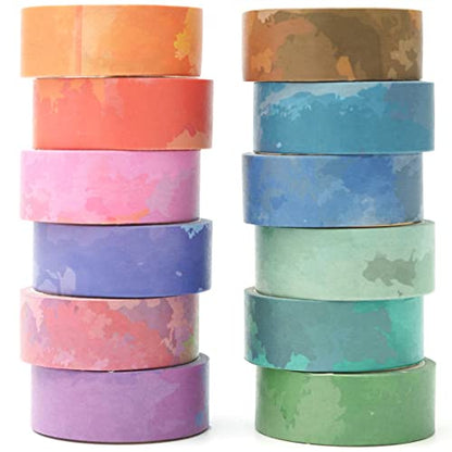 Watercolors Washi Tape Set 12 Rolls Pastel Colors Masking Macaron Graphic Decorative Tapes for Arts (196.8 Foot)