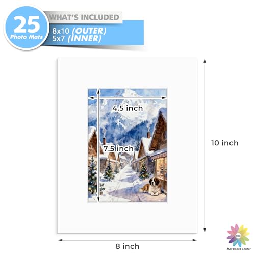 Mat Board Center 25 Pack 8x10 Picture Mat for 5x7 Photo White
