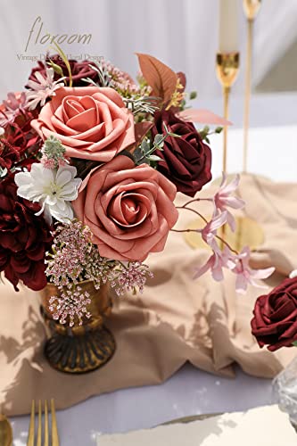 Artificial Flowers 25pcs Real Looking Burgundy & Pinky Cedar Foam Fake Roses with Stems for DIY Wedding Bouquets Bridal Shower Centerpieces Floral Arrangements Party Tables Home Decorations (25 count)