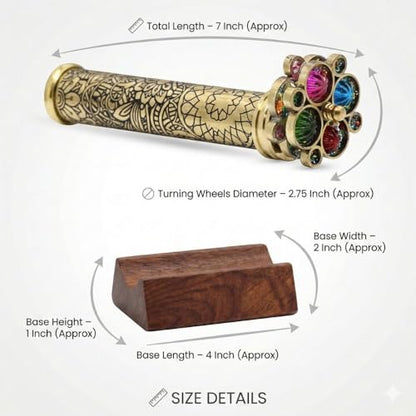 Handcrafted Etched Floral Pattern Lacquered Brass Kaleidoscope Includes Two Separate Turning Wheels