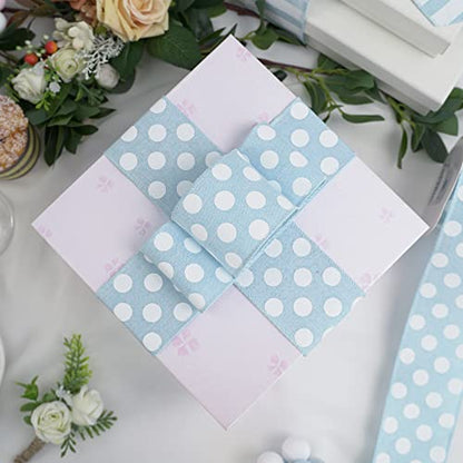 Blue Burlap Ribbon 2.5 Inch with White Polka Dot Blue White Wired Ribbon for Baby Boy Wreaths and Showers (30 Foot)