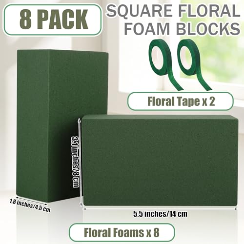 8 Pieces Floral Foam Blocks with 2 Rolls Floral Tape 5.5''L x 3.1''W x 1.8''H Green Square Flower Foams Flower Arrangements Supplies for Dry & Wet Flower Wedding Home Decor and DIY Crafts