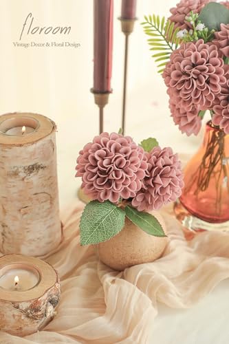 Artificial Dahlia Flowers 25pcs Real Looking Dusty Rose Foam Fake Roses with Stems for DIY Wedding Bouquets Bridal Shower Centerpieces Floral Arrangements Party Tables Home Decoration (25 Count)