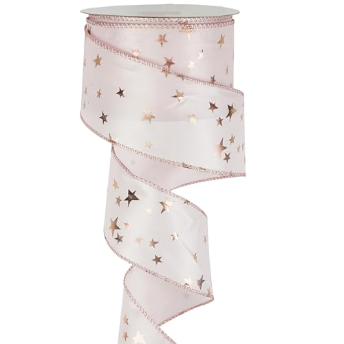 Pink Star Wired Ribbon 2.5 Inch Rose Gold Star Ribbon Wired 25 Yards Roll Pink Wedding Ribbons Stars Christmas Ribbons for Crafts (75 Foot)