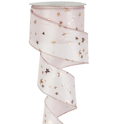 Pink Star Wired Ribbon 2.5 Inch Rose Gold Star Ribbon Wired 25 Yards Roll Pink Wedding Ribbons Stars Christmas Ribbons for Crafts (75 Foot)
