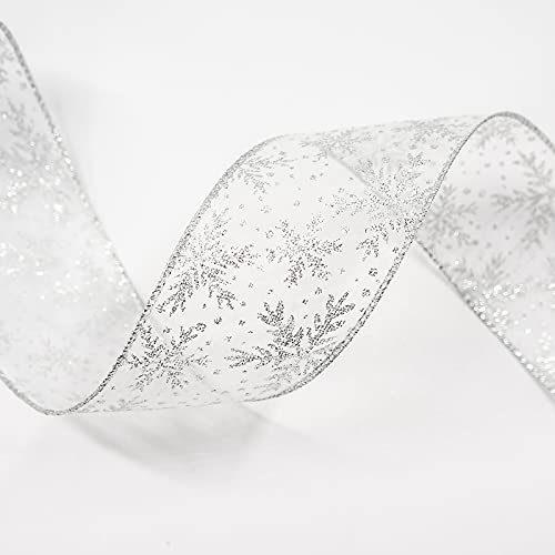 Organza with Silver Glitter Snowflakes Wired Ribbon 2.5 inch x 50 Yards for Christmas Home Decor Tree Topper Bow Gift Wrapping DIY Crafts Wreath Garland Wedding (150 Foot)