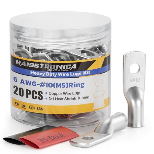 20PCS Battery Cable Lug & Heat Shrink Kit 6 AWG #10 (10 Count)