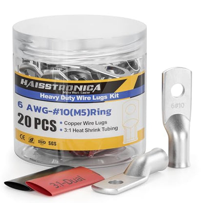 20PCS Battery Cable Lug & Heat Shrink Kit 6 AWG #10 (10 Count)