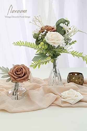 Artificial Flowers 25pcs Real Looking Gold Sparrow & Cream Foam Fake Roses with Stems for DIY Wedding Bouquets Bridal Shower Centerpieces Floral Arrangements Party Tables Home Decorations (33 Count)