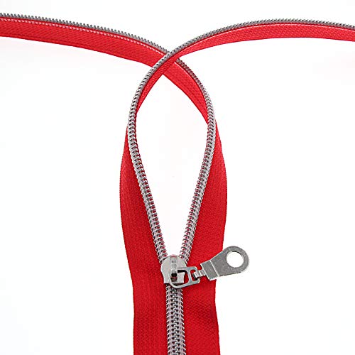 5 Silver Metallic Nylon Coil Zippers by The Yard Bulk 10 Yards Red Tape with 25pcs Silver Sliders for DIY Sewing Tailor Craft Bag