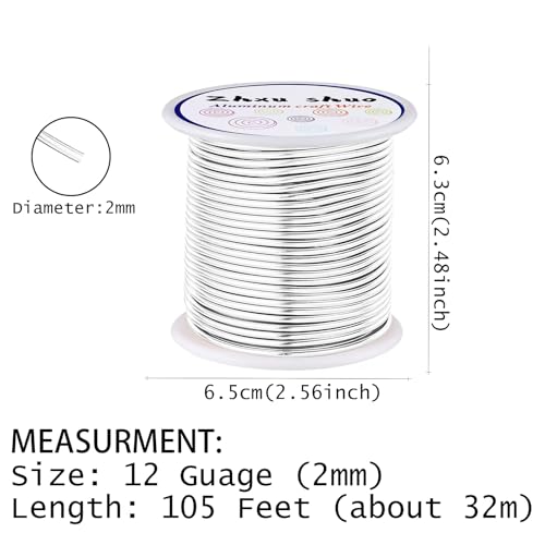 12 Gauge(2mm) Aluminum Wire 35 Yards Anodized Metal Wire for Bonsai Armature Crafting Sculpting Jewelry Craft Making Beading Floral (Silver, 12 Gauge) (105 Foot)