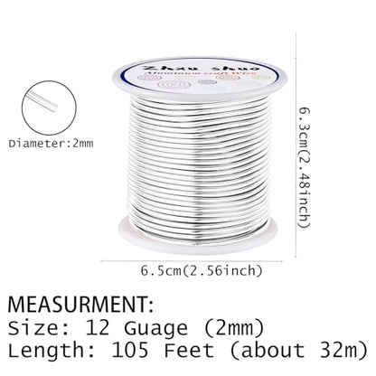 12 Gauge(2mm) Aluminum Wire 35 Yards Anodized Metal Wire for Bonsai Armature Crafting Sculpting Jewelry Craft Making Beading Floral (Silver, 12 Gauge) (105 Foot)