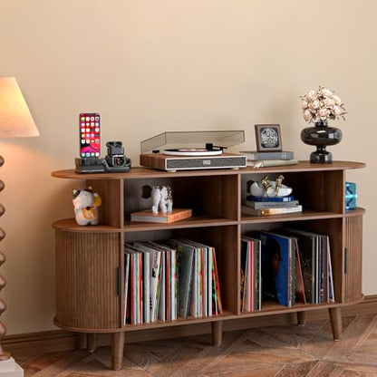 Large Round Record Player Stand with Charging Station & USB Ports