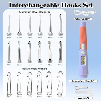 18 Size Digital Counting & Lighted Crochet Hooks Set 2.0mm (18 Count)