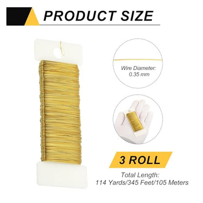114 Yards 345 Feet 27 Gauge Metal Floral Wire Gold Tone Flexible Paddle Thin Floral Wires for Craft (3 Count)