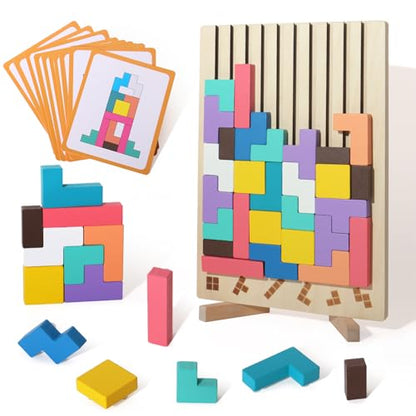 Wooden Russian Blocks Puzzle Brain Teasers Toy Tangram Jigsaw Puzzle Intelligence Colorful 3D STEM Montessori Educational Gift for Boys and Girls (54 Count)