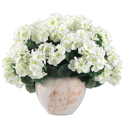 12 Pcs Artificial Geranium Flowers for Outdoors Geranium White Silk Flowers Outdoor UV Resistant Garden Plants Faux Flowers for Home Kitchen Table Centerpieces Decor