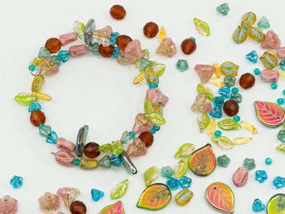 1.4oz (40g) Limited Mix of Czech Glass Beads, Hand Made Set Kit, Apple Leaf Beads Bell Flower Blue Beads and Pink Tulip Beads