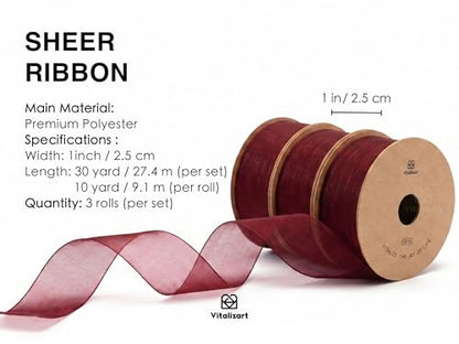 Burgundy Organza Ribbon 1" x 30 Yd Sheer Gift Wrapping Ribbon (3 Count)
