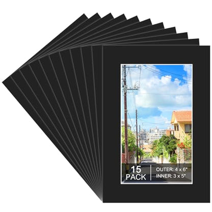 15 Pack 4x6 Black Picture Mats for 3x5 Photos (15 Count)