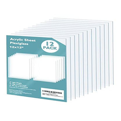 Plexiglass Sheets Acrylic Sheets 12 Pack of 12x12’’ 0.04 Thick Clear Plastic Cast Transparent Plexi Glass for Crafting Projects