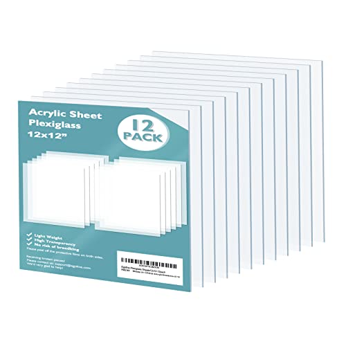 Plexiglass Sheets Acrylic Sheets 12 Pack of 12x12’’ 0.04 Thick Clear Plastic Cast Transparent Plexi Glass for Crafting Projects