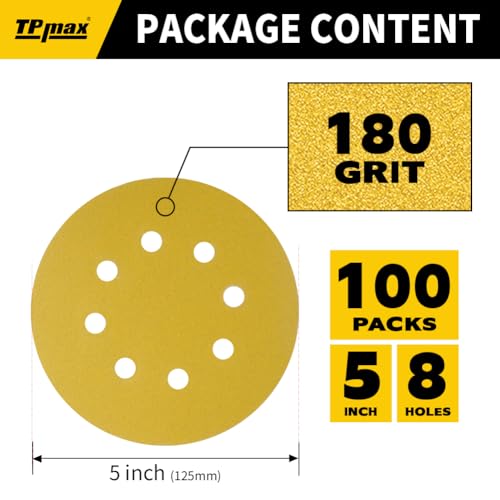 100PCS 5 Inch 180 Grit 125mm 8 Hole Sanding Discs Sandpaper (100 Count)