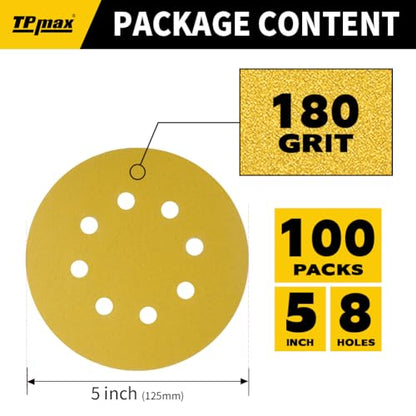 100PCS 5 Inch 180 Grit 125mm 8 Hole Sanding Discs Sandpaper (100 Count)
