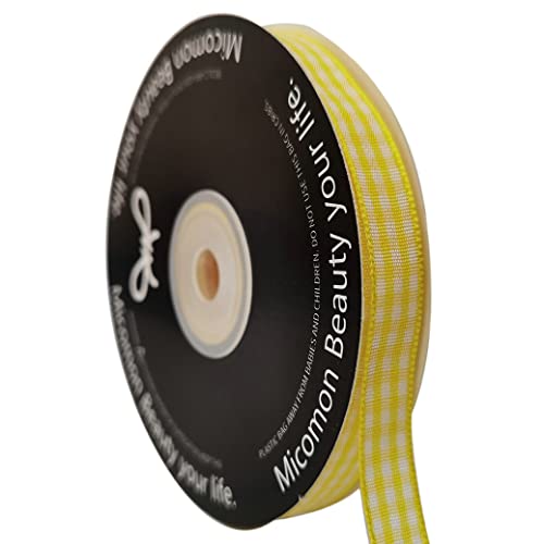 Yellow and White Gingham Plaid Checked Ribbon 25 Yards Per Roll Checkerd Craft 100% Polyester
