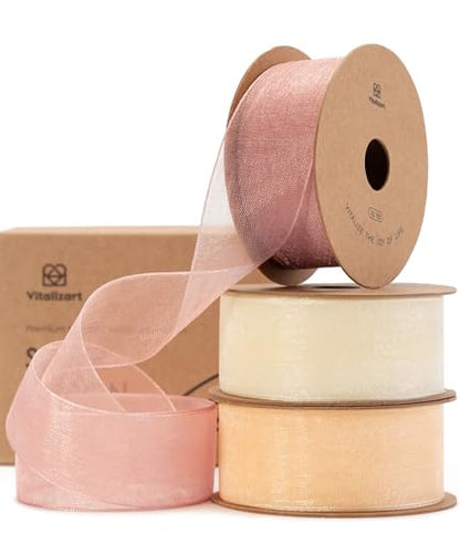 Cream & Rose Gold Organza Sheer Ribbon 1 inch x 30Yd Pink Ribbon Handmade Fabric Ribbons for Gift Wrapping Christmas Tree Crafts Bows Wedding Invitations Wreaths Wrap Peach (90 Foot)