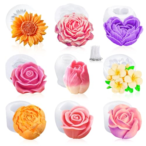 9PCS 3D Flower Candle Making Molds Moldes de Silicona para Velas