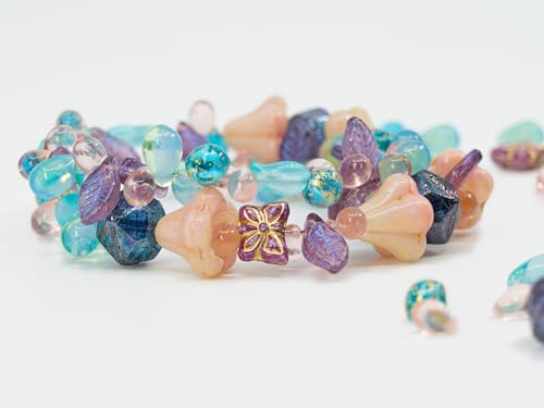 1.4oz (40g) Limited Mix of Czech Glass Beads, Hand Made Set Kit, Pink Bell Beads Purple English Cut