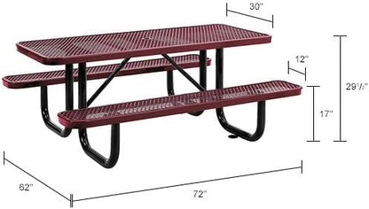 Global Industrial 6’L Rectangular Picnic Table, Expanded Metal, Red Thermoplastic Coating, Attached Benches, 1-1/2” Umbrella Pole Hole, Outdoor-Rated, 1000 lb Capacity, 72” x 30” Tabletop