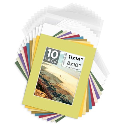 Mat Board Center 10 Pack 11x14 Mat+Backings+Bags for 8x10 Photo Mix Color