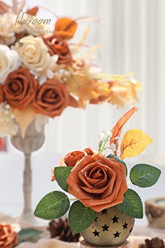 Artificial Flowers 25pcs Real Looking Burnt Orange Foam Fake Roses with Stems for DIY Terracotta Wedding Bouquets Bridal Shower Centerpieces Floral Arrangements Party Tables Home Decorations (25 Count)