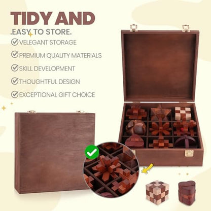 Wooden Brain Teaser Puzzles for Adults Teens (9 Count)