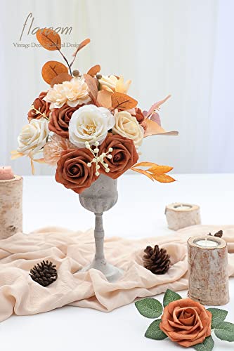 Artificial Flowers 25pcs Real Looking Burnt Orange Foam Fake Roses with Stems for DIY Terracotta Wedding Bouquets Bridal Shower Centerpieces Floral Arrangements Party Tables Home Decorations (25 Count)