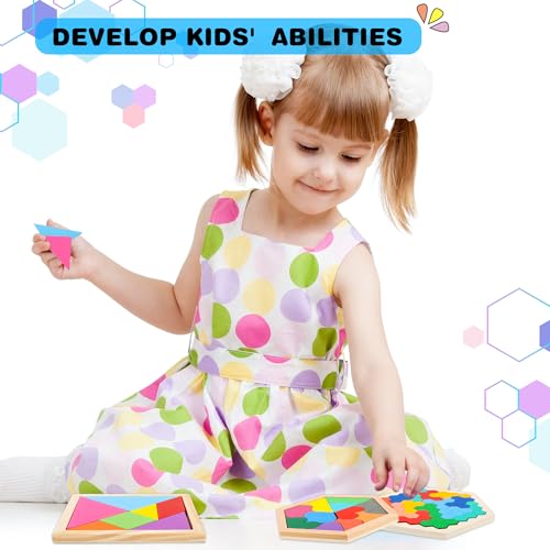 5 Pack Wooden Tangrams Puzzle Set Wooden Hexagon Puzzle Wood Russian Blocks Tangram Puzzle Brain Teaser Puzzles for Kids Adults 3D Logic Intelligence IQ Game Gift (5 Count)