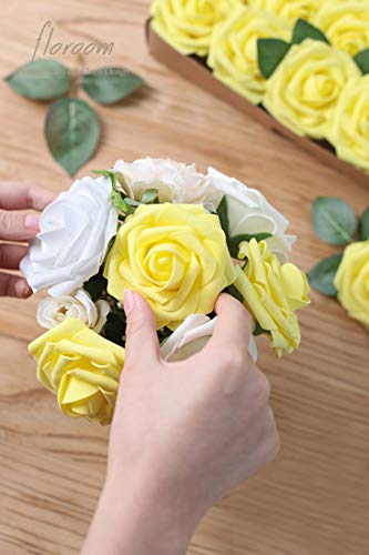 Artificial Flowers 25pcs Real Looking Canary Yellow Foam Fake Roses with Stems for DIY Wedding Bouquets Baby Shower Centerpieces Floral Arrangements Party Tables Home Decorations (25 Count)