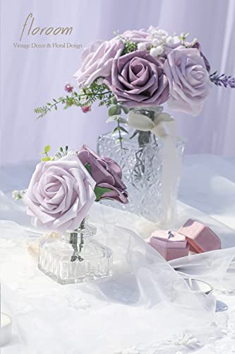 Artificial Flowers 25pcs Real Looking Lavender African Violet Purple Foam Fake Roses with Stems for DIY Wedding Bouquets Bridal Shower Centerpieces Floral Arrangements Party Tables Decorations (25 Count)