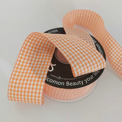 1.5 Inch Orange and White Woven Edge Plaid Chekered Ribbon 100% Polyester Gingham Ribbon 25 Yards Each Roll for Halloween Thanks