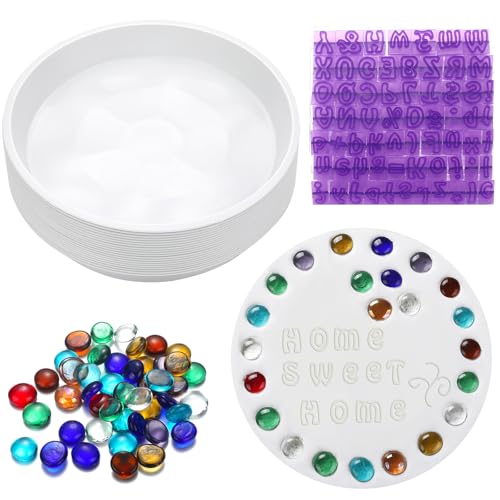 20 Pcs Stepping Stone Kit Includes Round Concrete Mold Mosaic Tiles and Letters Numbers Stamps DIY Craft Handmade Stepping Stone Kit for Family Garden Outdoor Decor (22 Count)