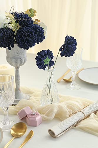 Artificial Dahlia Flowers 25pcs Real Looking Navy Blue Foam Fake Roses with Stems for DIY Wedding Bouquets Bridal Shower Centerpieces Floral Arrangements Party Tables Home Decoration (25 Count)