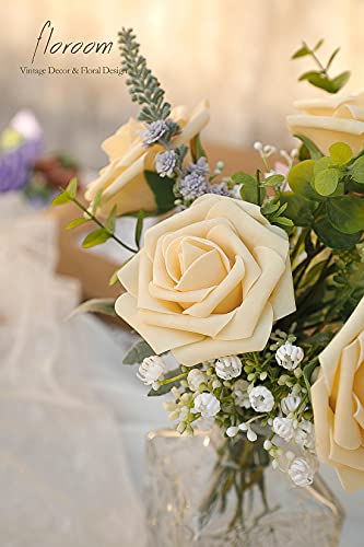 Artificial Flowers 25pcs Real Looking Creamy Yellow Foam Fake Roses with Stems for DIY Wedding Bouquets Bridal Shower Centerpieces Floral Arrangements Party Tables Home Decorations (25 Count)