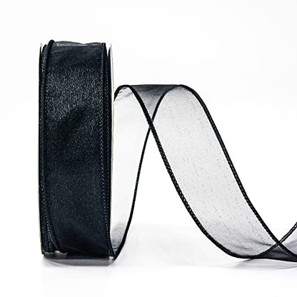 Sheer Organza Wired Ribbon 1.5" x 50Yards Black for Wedding Chair Bow Flora Bouquet Gift Wrapping Christmas Tree Home Decor Wreath (150 Foot)