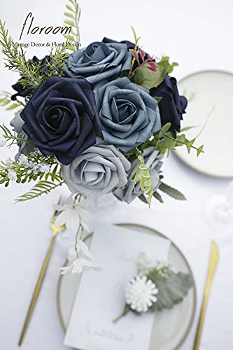 Artificial Flowers 25pcs Real Looking Dusty Blue Ombre Colors Foam Fake Roses with Stems for DIY Wedding Bouquets Bridal Shower Centerpieces Floral Arrangements Party Tables Home Decorations (25 Count)