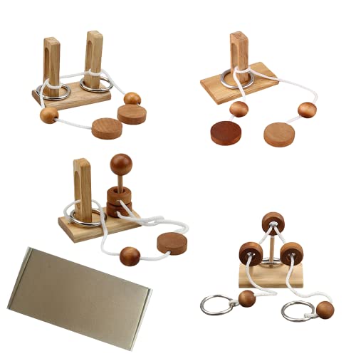 Brain Teaser Puzzle Wooden Threading Rope Loop Puzzle Luban Lock Brain Teaser Game Adult Kids Toy Puzzles for Adults (4 Count)